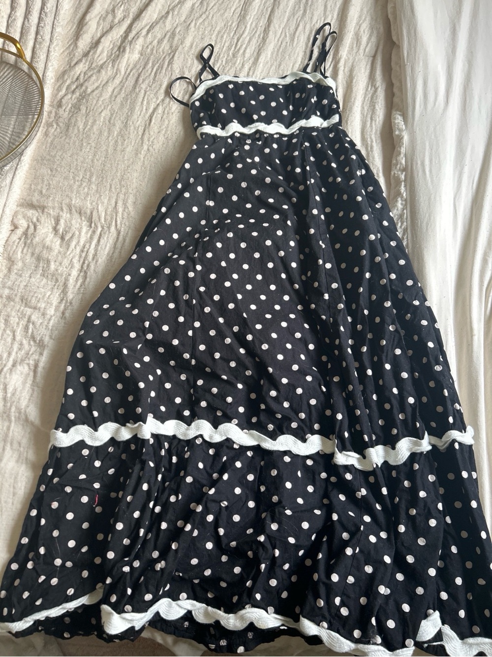 Girls' Black Polka Dot Spaghetti-Strap Dress with White Trim